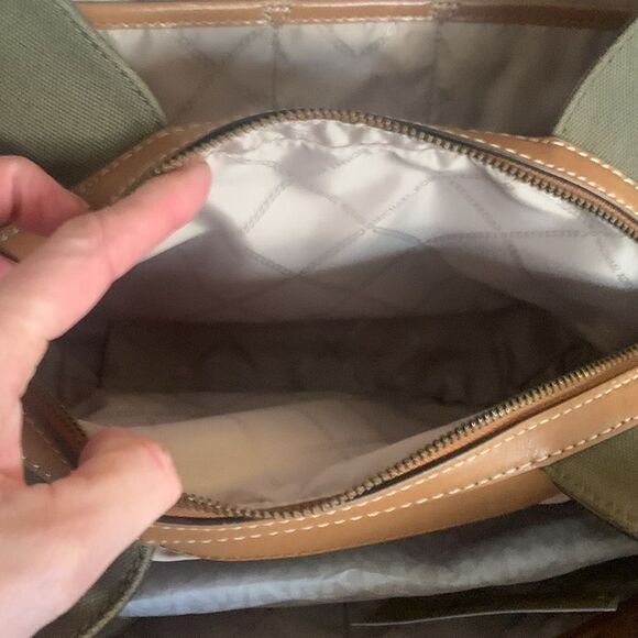 Michael Kors Raven olive green canvas tan leather satchel shoulder bag NWT - Picture 9 of 12